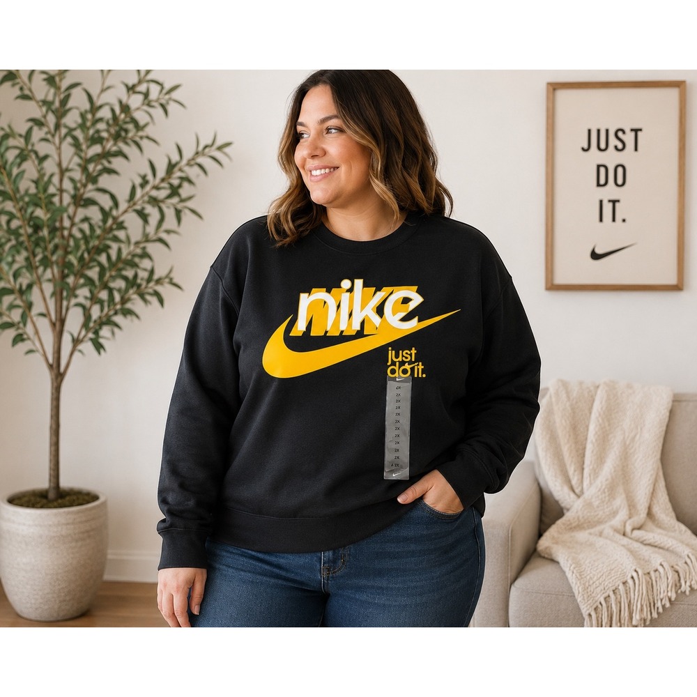 Nike Women's Plus 2X Just Do It Graphic Crewneck Sweatshirt Black Gold NWT
